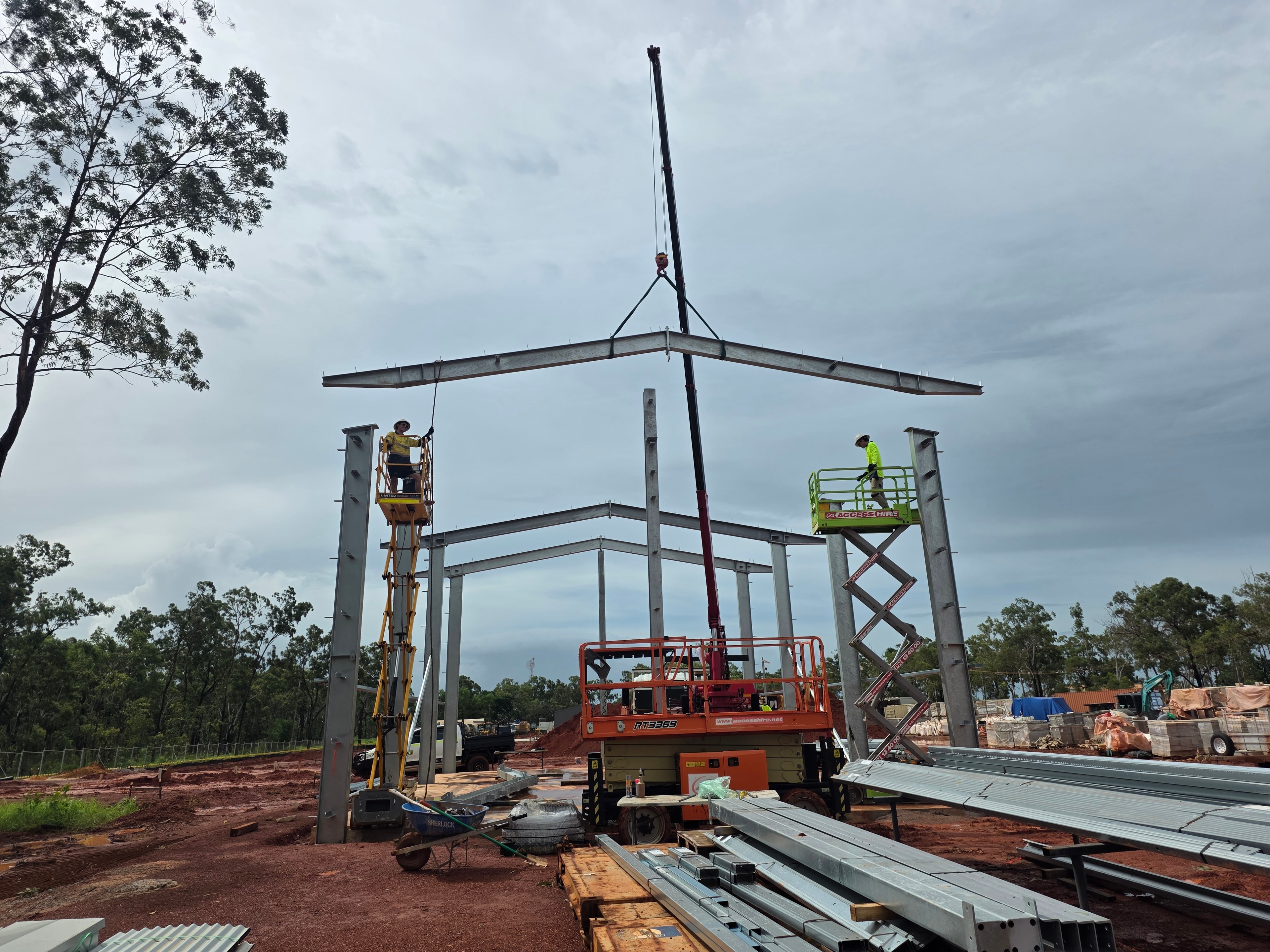 Steel erection with crane